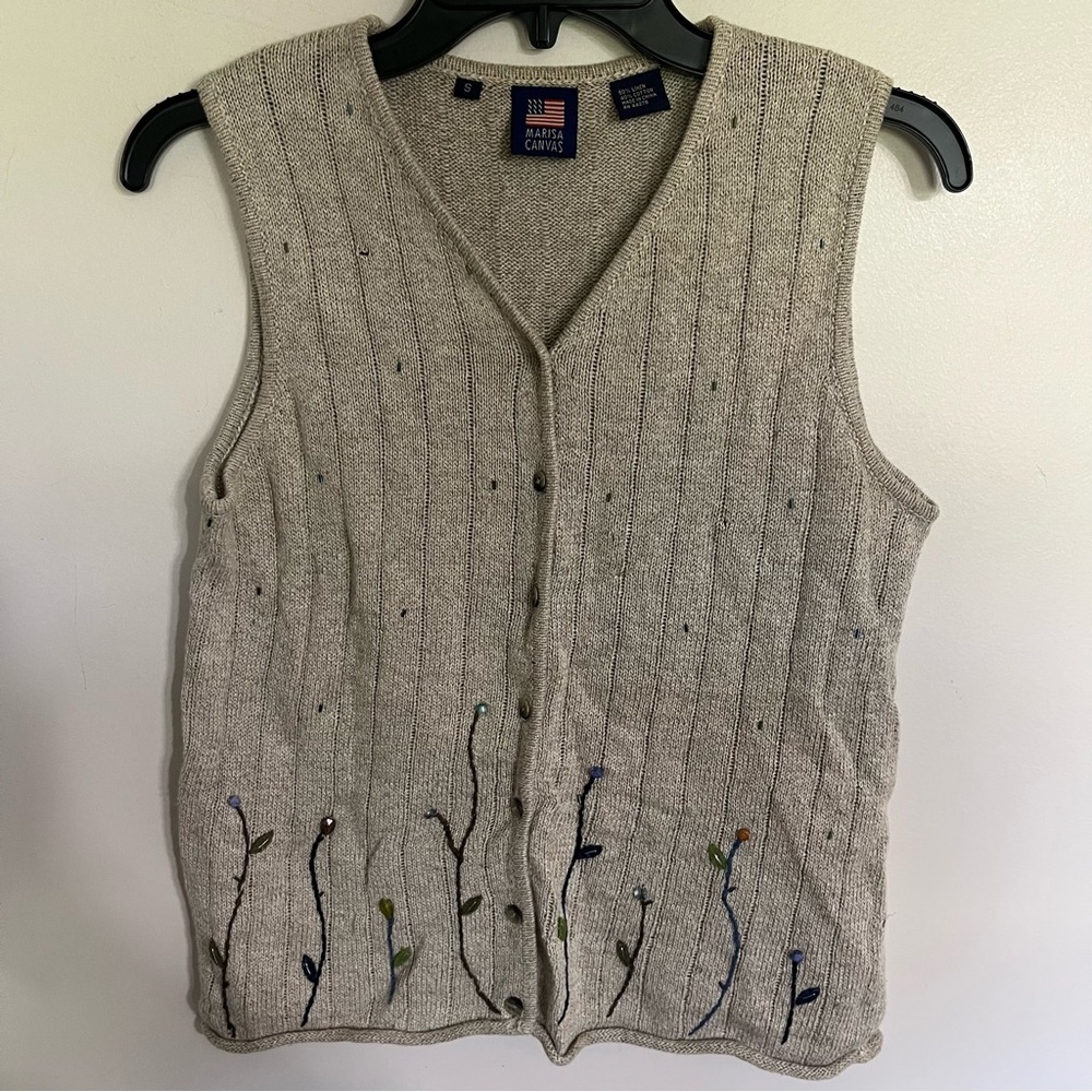 Vintage 90s Beige Linen Floral Cozy Cottagecore Knit Grandma Sweater Vest Small‎